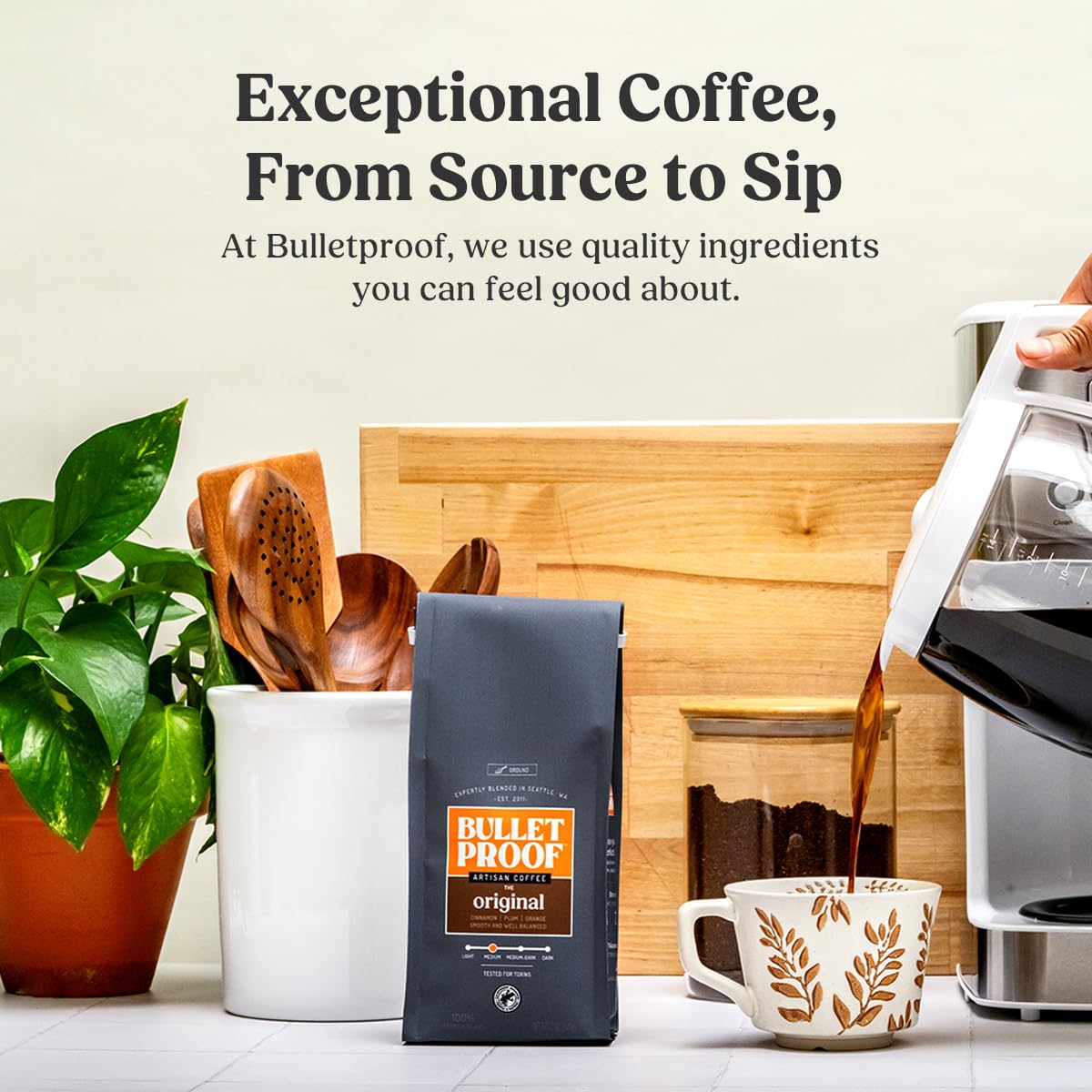 Bulletproof label details with roast notes visible, communicates flavor clarity and sourcing