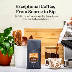 Bulletproof label details with roast notes visible, communicates flavor clarity and sourcing