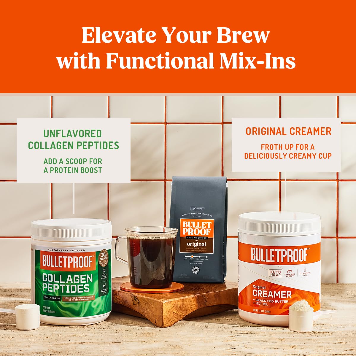 Bulletproof morning cup on kitchen counter conveying energy and a cleaner-tasting coffee
