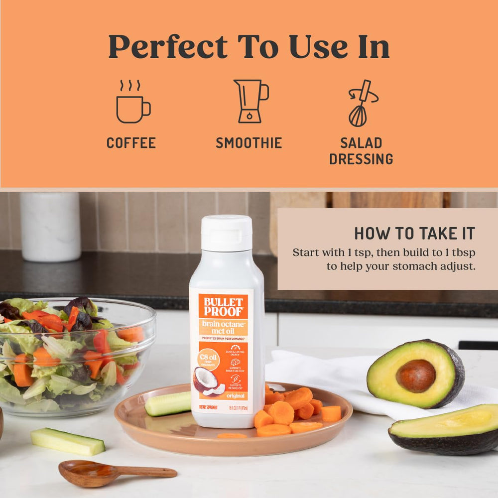 Bulletproof Octane next to a kitchen scale demonstrating 16 oz size and portion control benefit