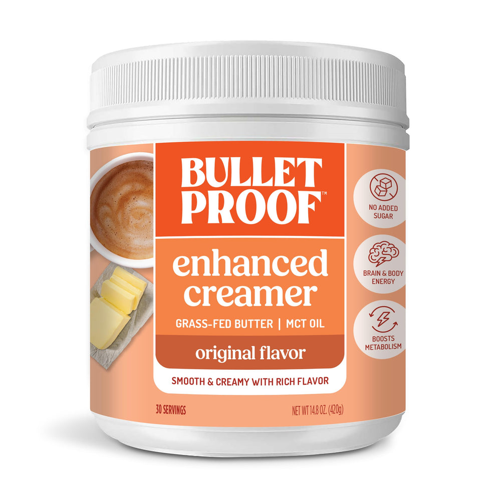 Bulletproof original creamer front label showing brand and size for quick identification