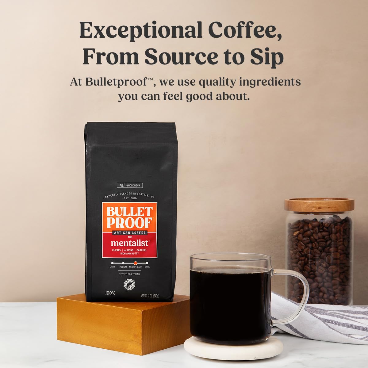 Bulletproof medium-dark roast beans texture showing color and surface oils for rich flavor