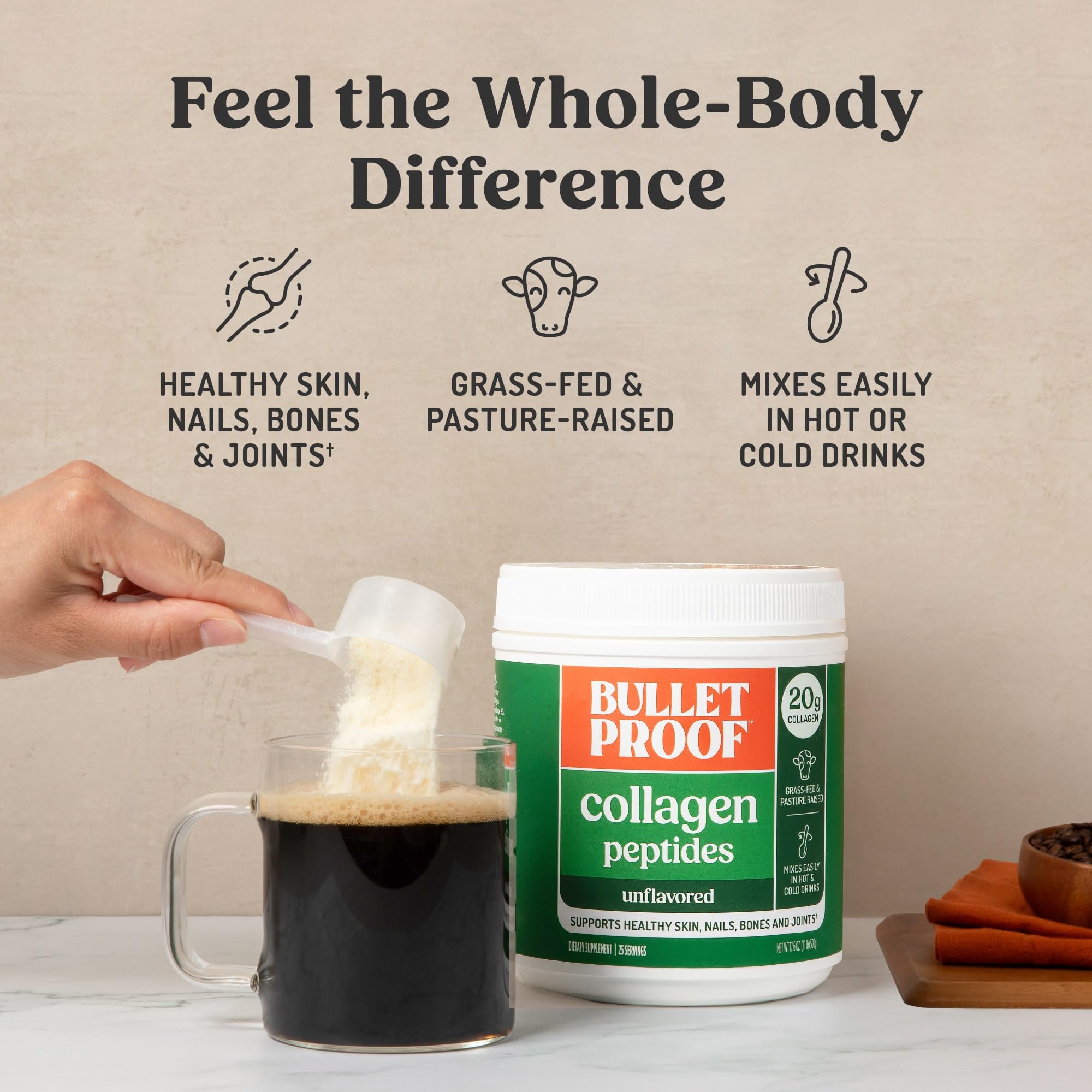 Bulletproof scoop and powder beside jar, showing measured serving convenience
