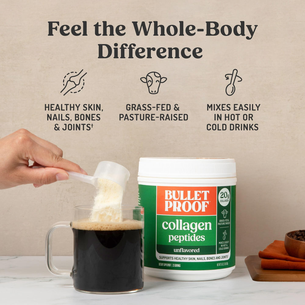 Bulletproof scoop and powder beside jar, showing measured serving convenience