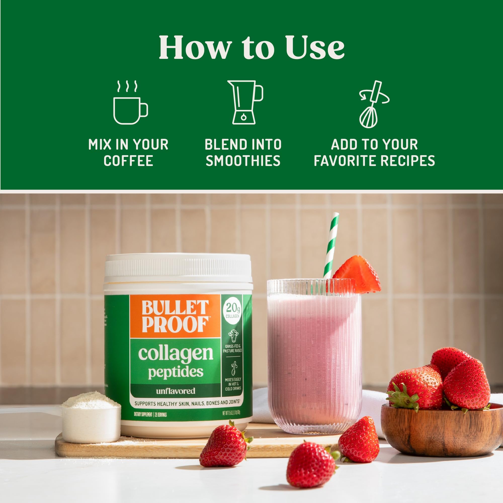 Bulletproof collagen blended in a smoothie bottle showing easy daily use