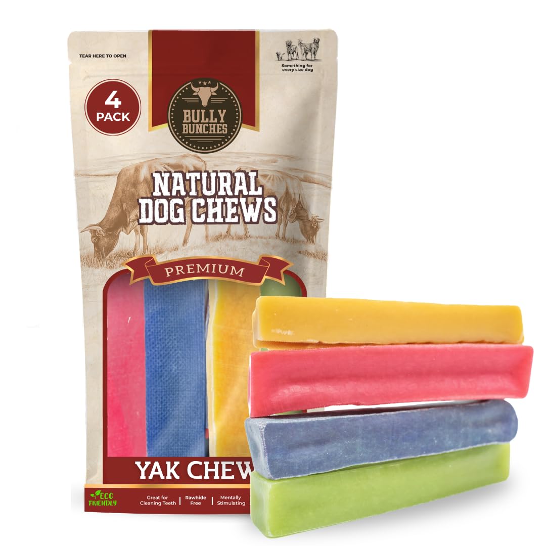 Bully Bunches front packaging showing four assorted yak chews and product benefits