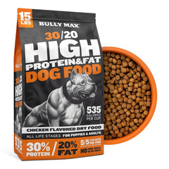 Bully Max front bag view showing packaging and weight, highlights high-calorie benefit