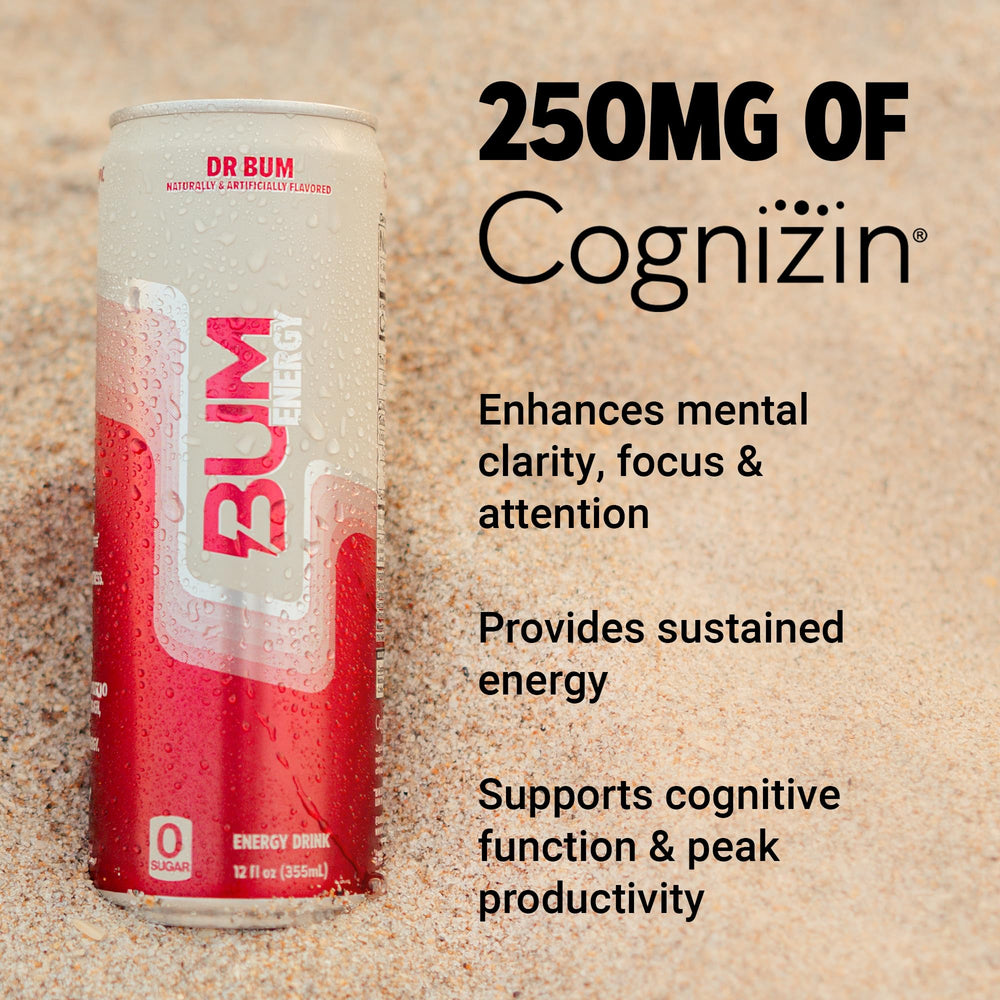 Side label detail on Bum can showing Cognizin and natural caffeine benefits