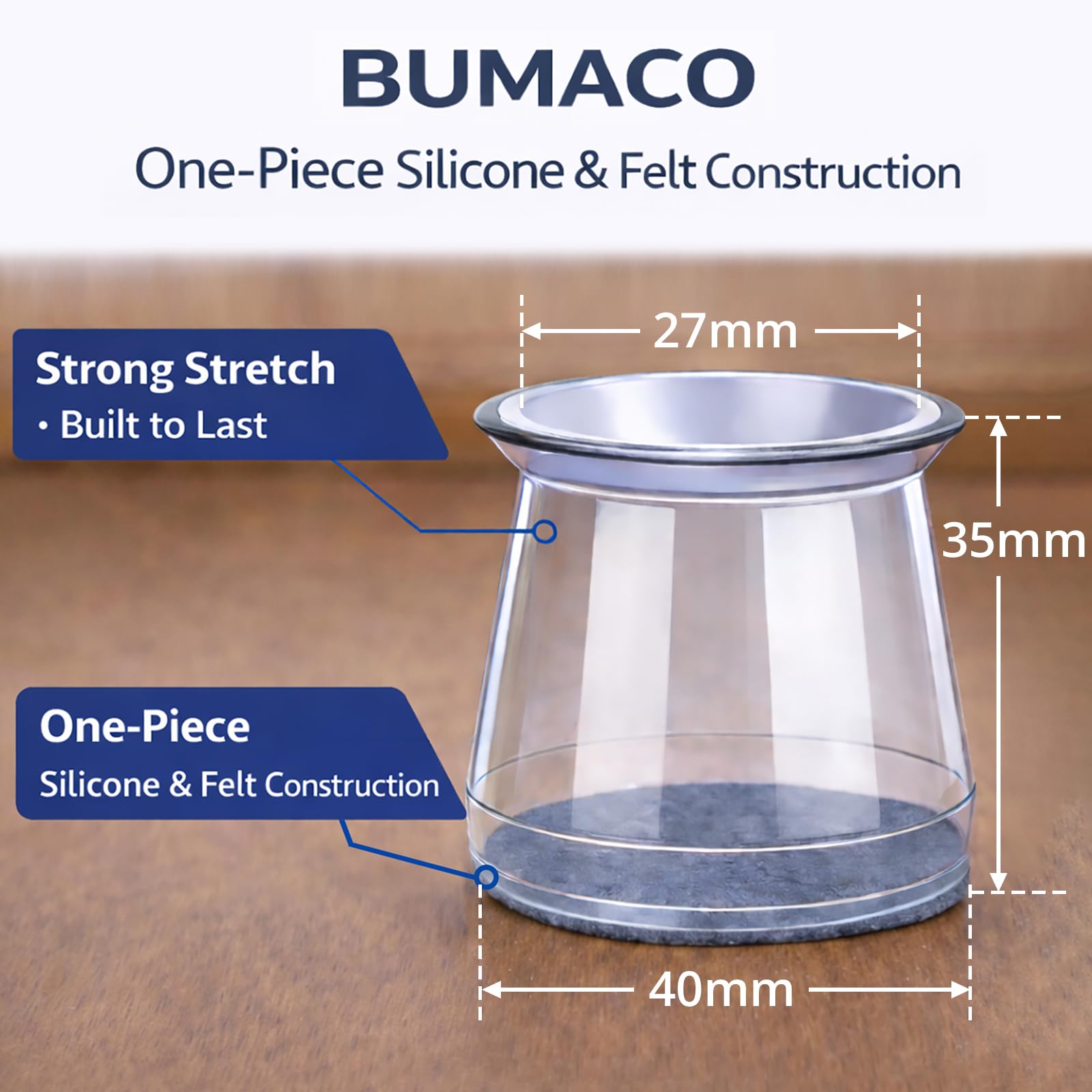 BUMACO on square leg close fit demonstrating secure hold on square furniture legs