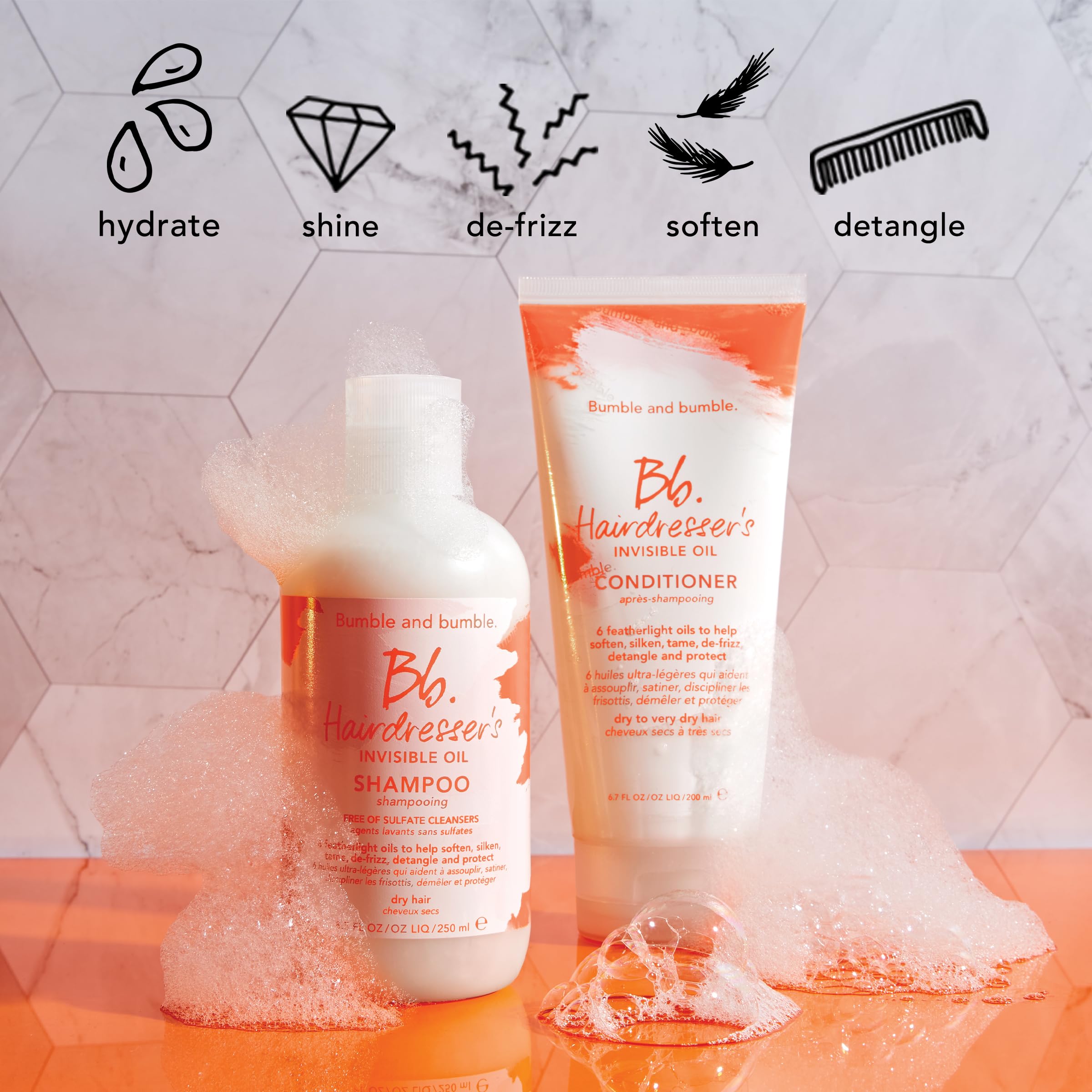 Bumble and bumble label detail highlighting oil blend ingredients and nourishing benefit