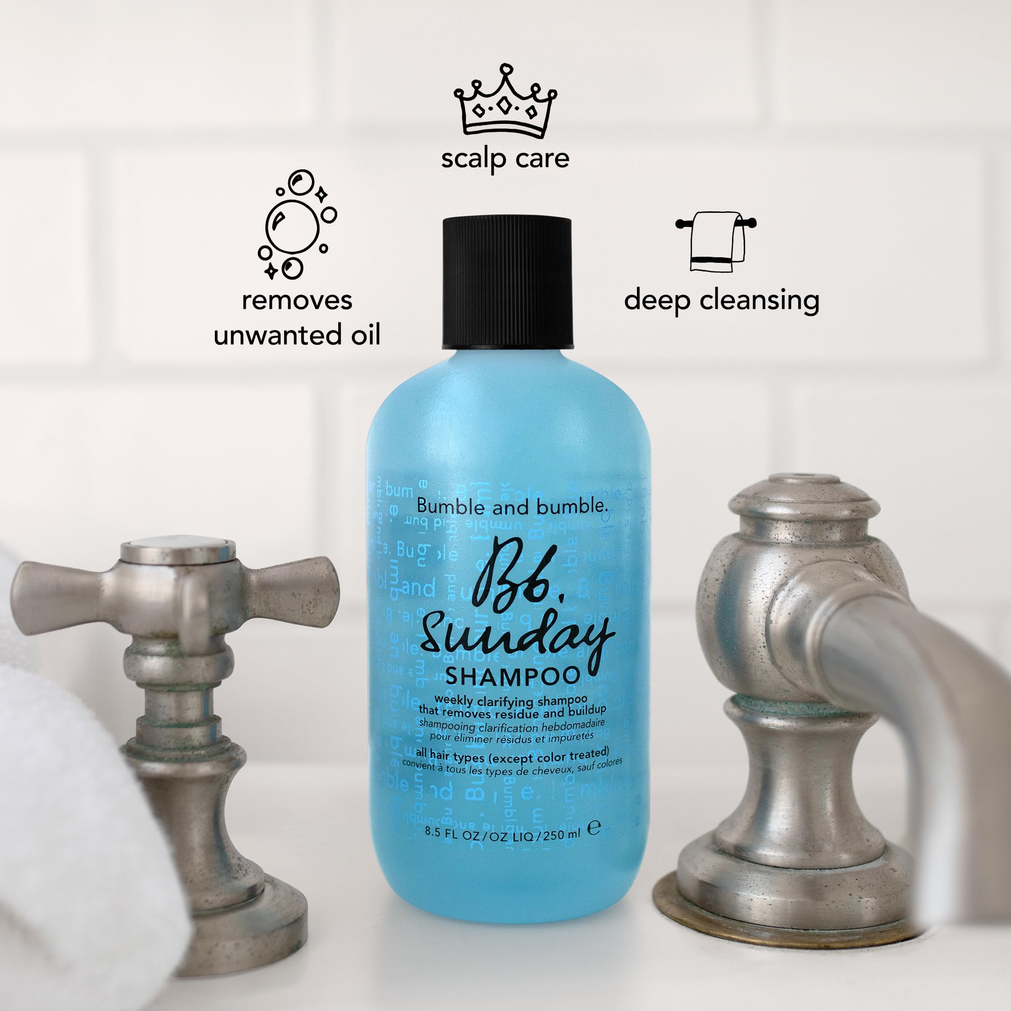 Bumble and bumble bottle held in hand for scale showing the standard 8.5 fl oz size