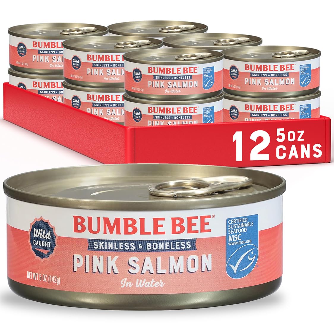 Bumble Bee front of can showing product name and size, clear pantry-ready packaging benefit