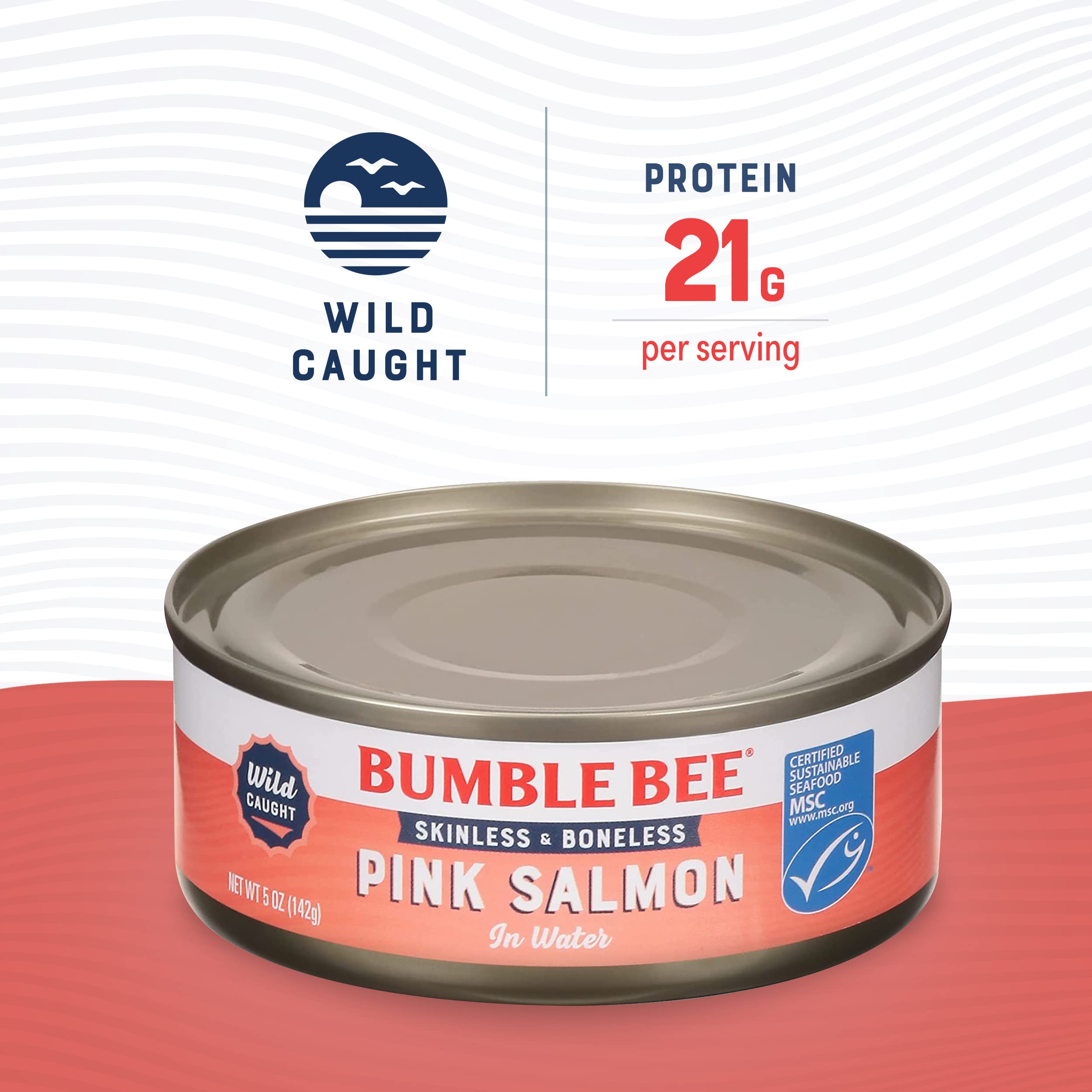 Bumble Bee open can with flaked pink salmon visible, ready-to-use protein benefit