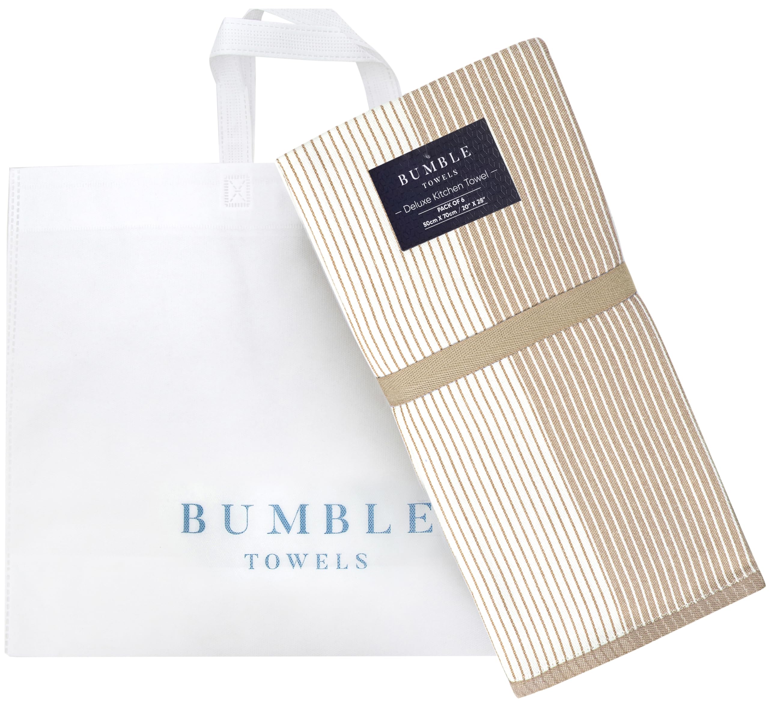 Bumble Towels next to a hand to show 20x28 size and practical scale