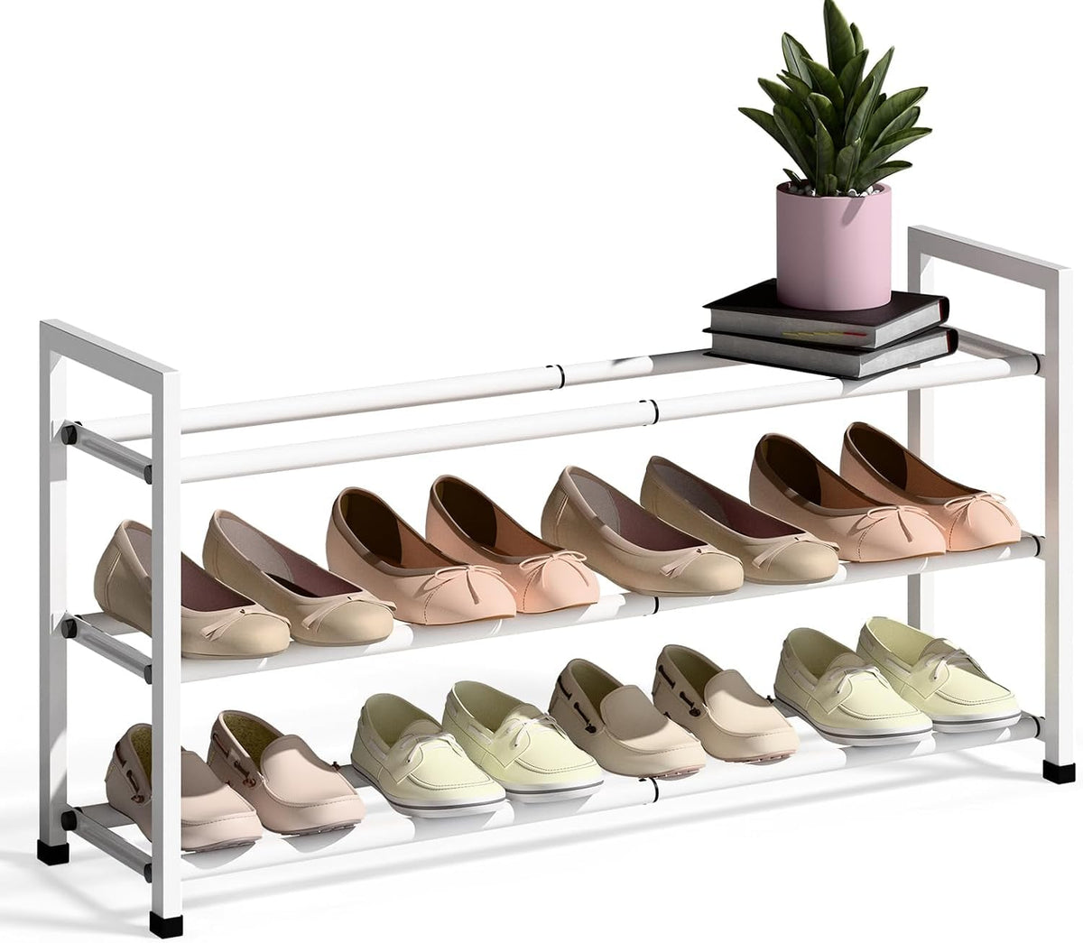 Bumusty front view assembled showing three tiers and neat shoe organization benefit