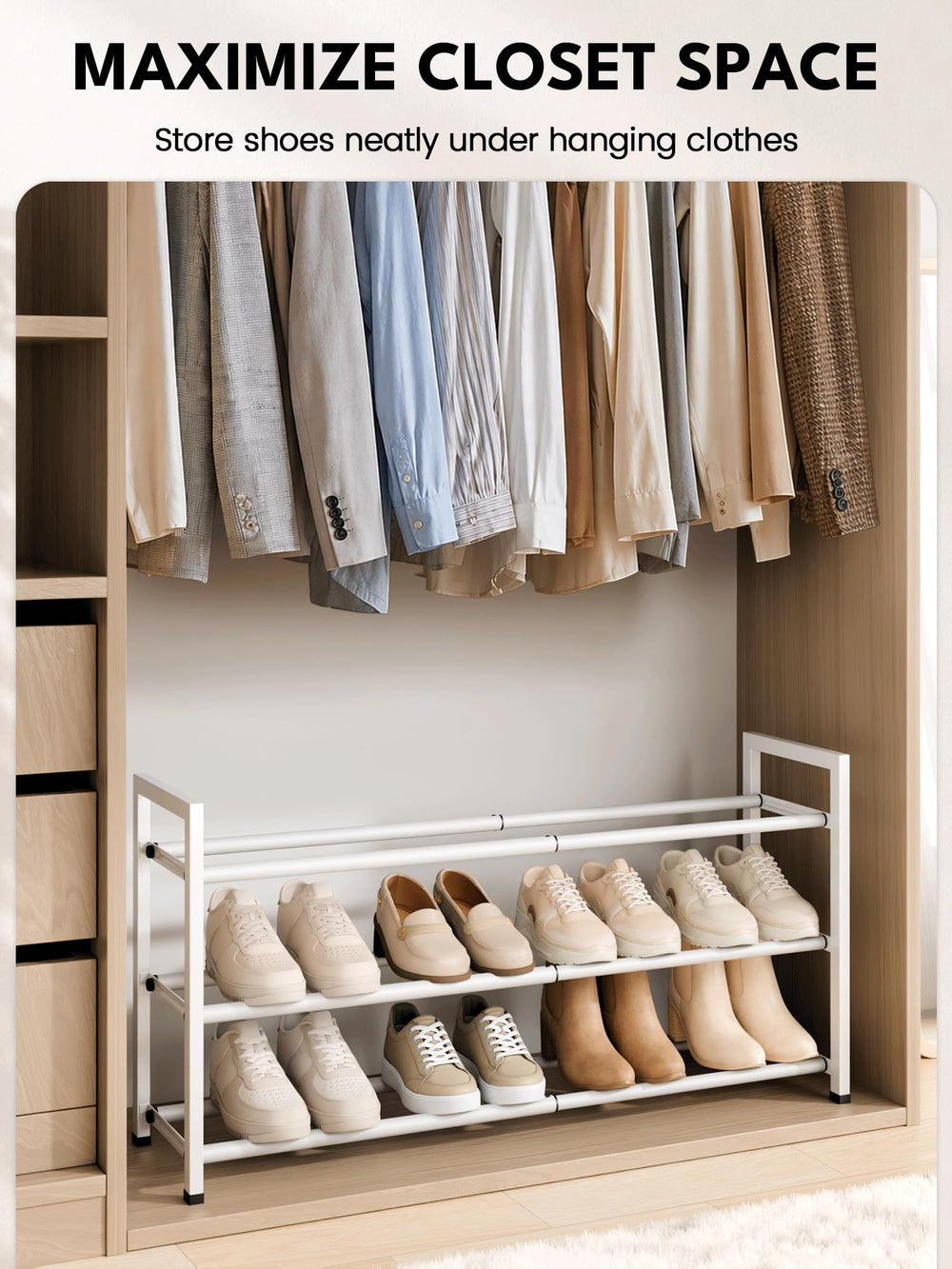 Bumusty installed in a closet maximizing vertical space and keeping shoes off floor benefit