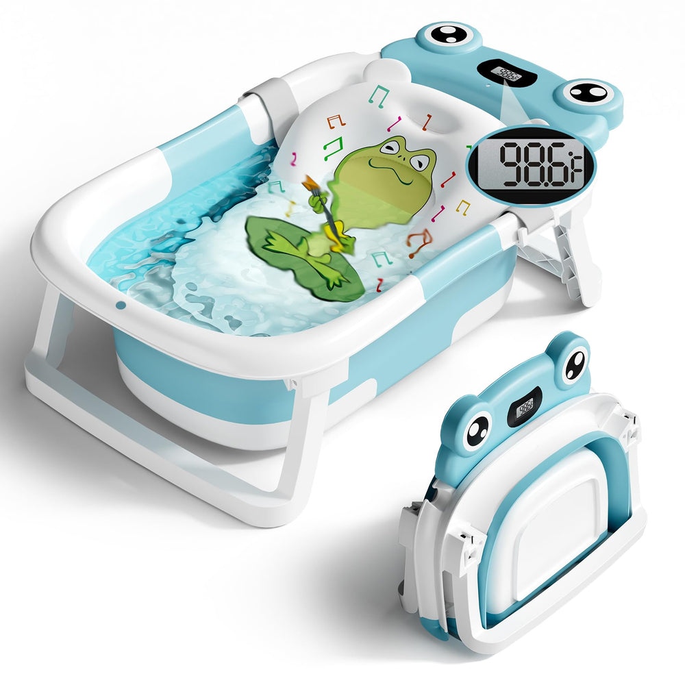 Bunwag front view of blue collapsible baby bathtub showing overall shape and benefit