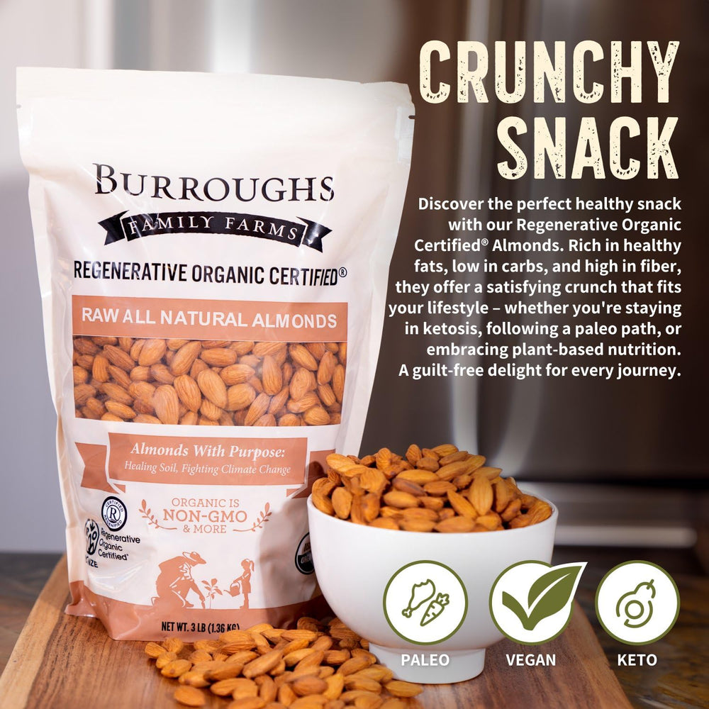 Burroughs Family Farms almonds staged with blender for almond milk, ideal for homemade plant milk