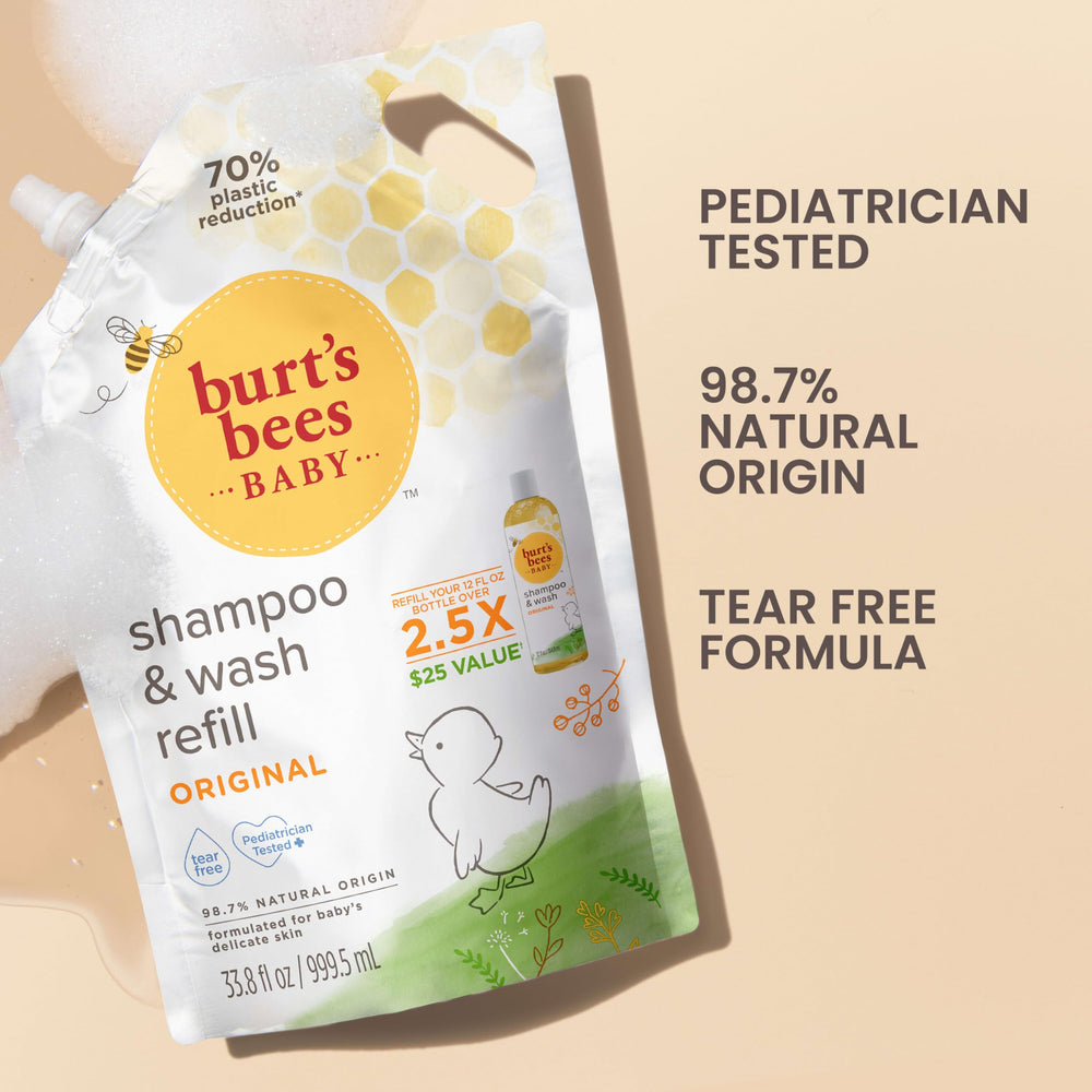 Burt's Bees pouring into baby bath demonstrating easy usage and control
