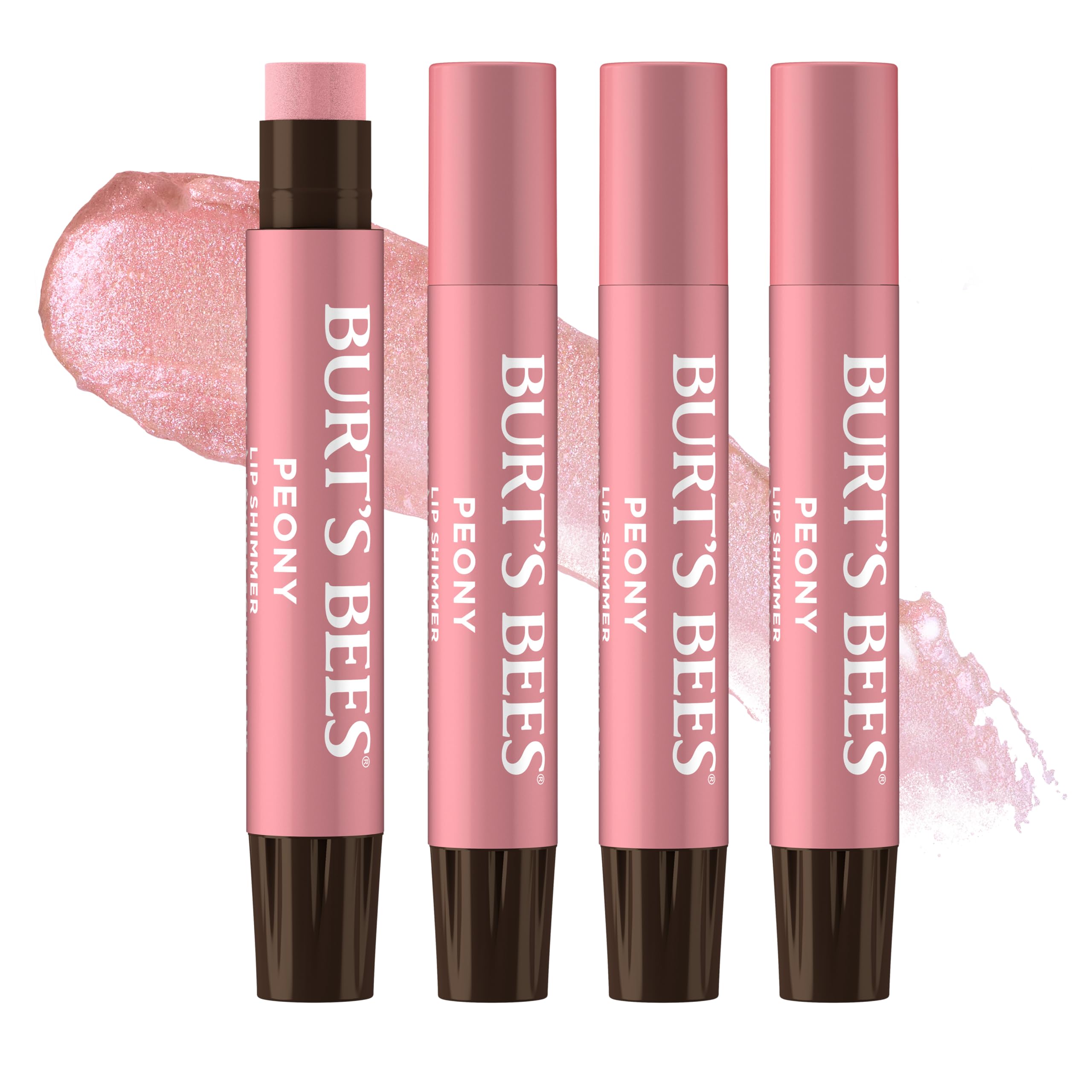 Burt's Bees front tube of Lip Shimmer Peony showing warm rosy pink shade and portable design
