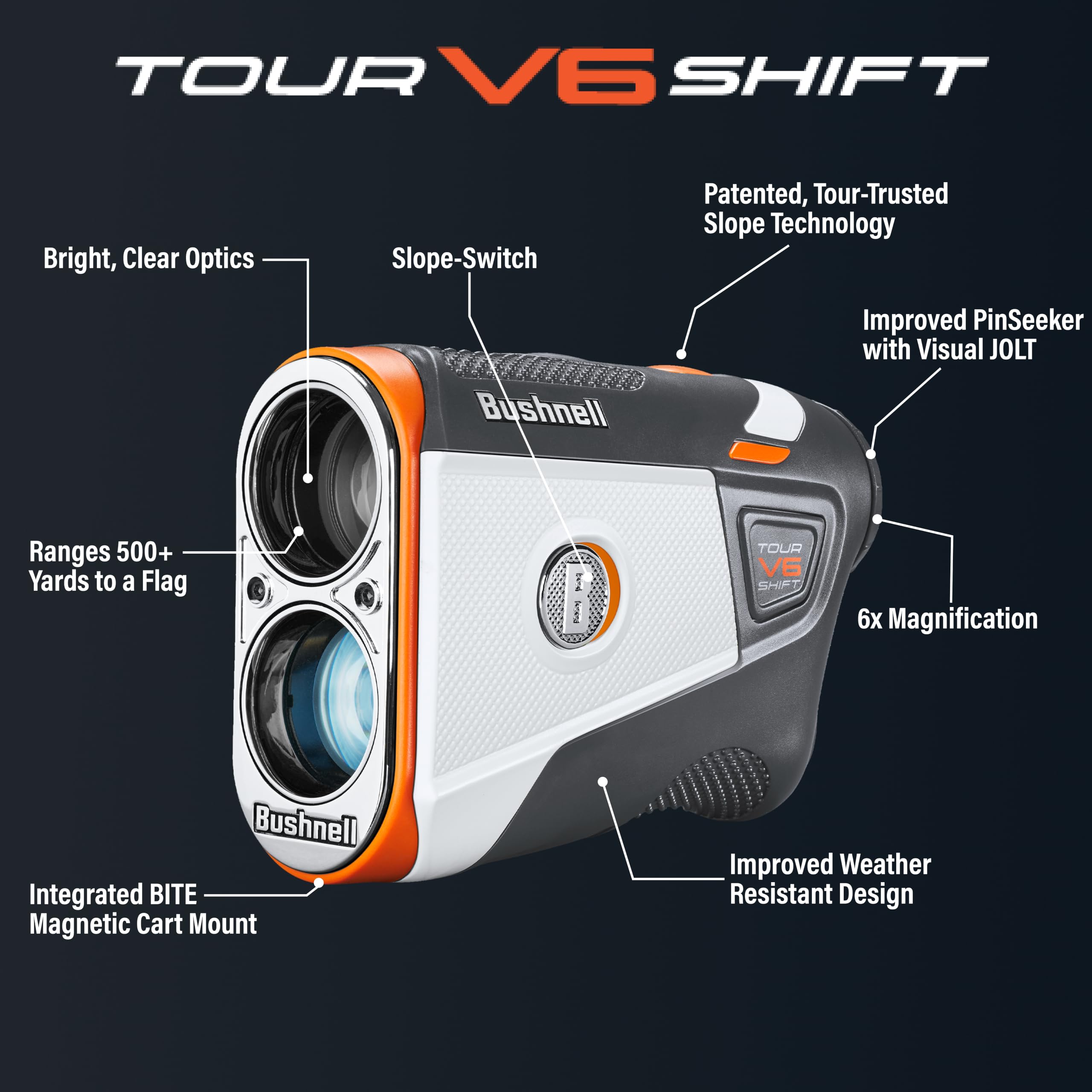 Bushnell Tour V6 Shift optics close-up showing clear lenses and 6x magnification