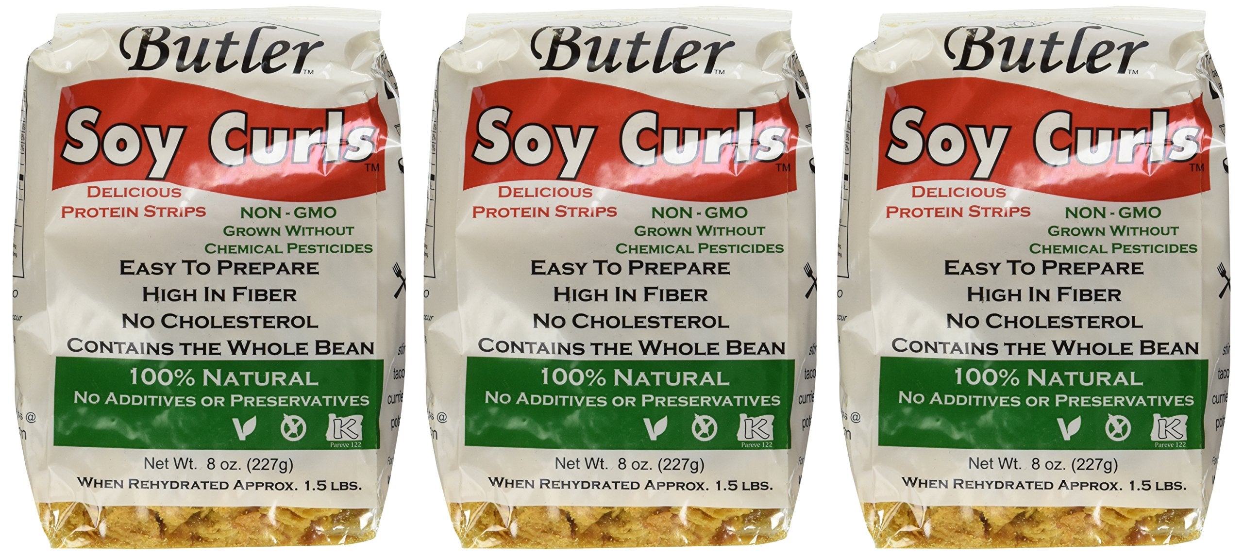 Butler Soy Curls front packaging showing brand and bag for easy identification and pantry benefit