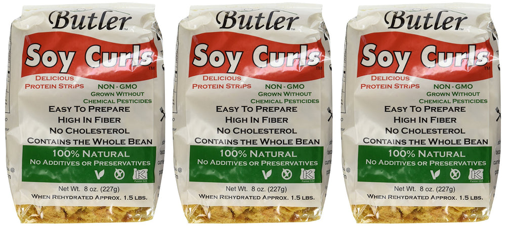 Butler Soy Curls front packaging showing brand and bag for easy identification and pantry benefit
