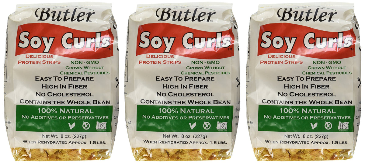 Butler Soy Curls front packaging showing brand and bag for easy identification and pantry benefit