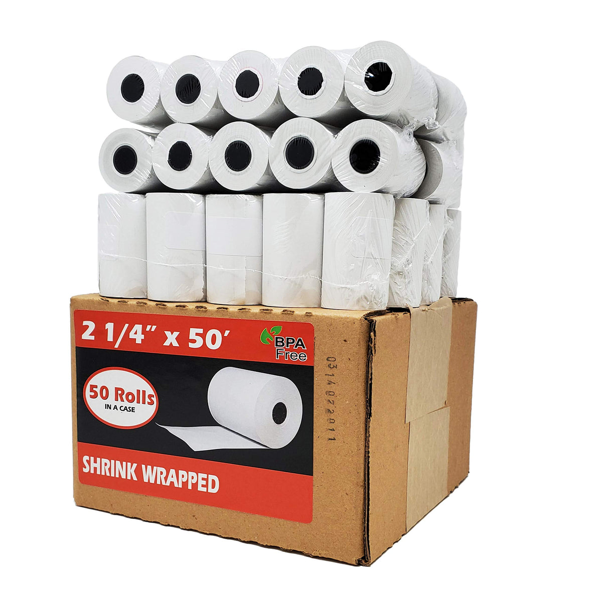 BuyRegisterRolls front view of shrink-wrapped fifty-roll bundle showing neat packaging and convenience
