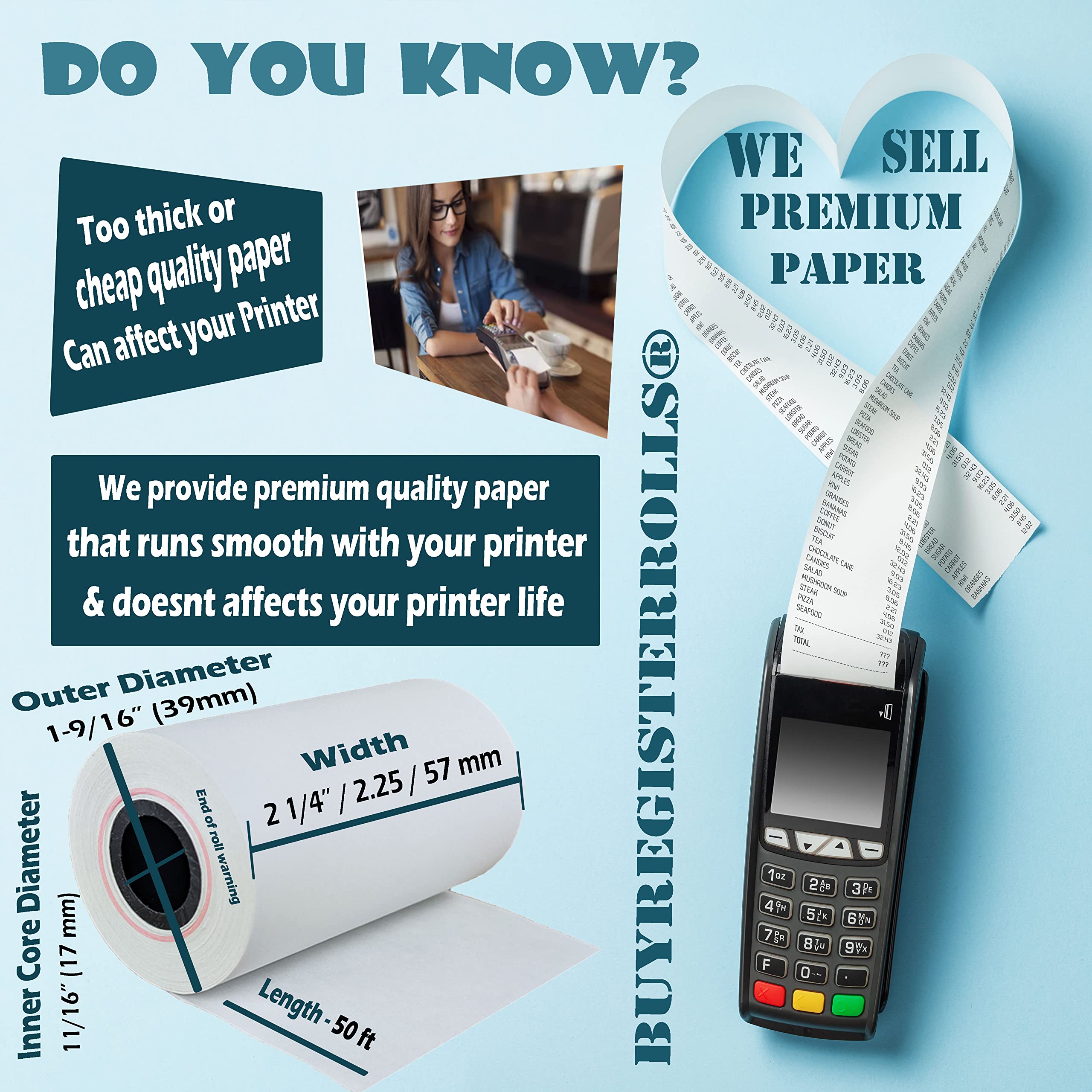 BuyRegisterRolls roll installed in a credit card terminal demonstrating easy fit and reliable feeding