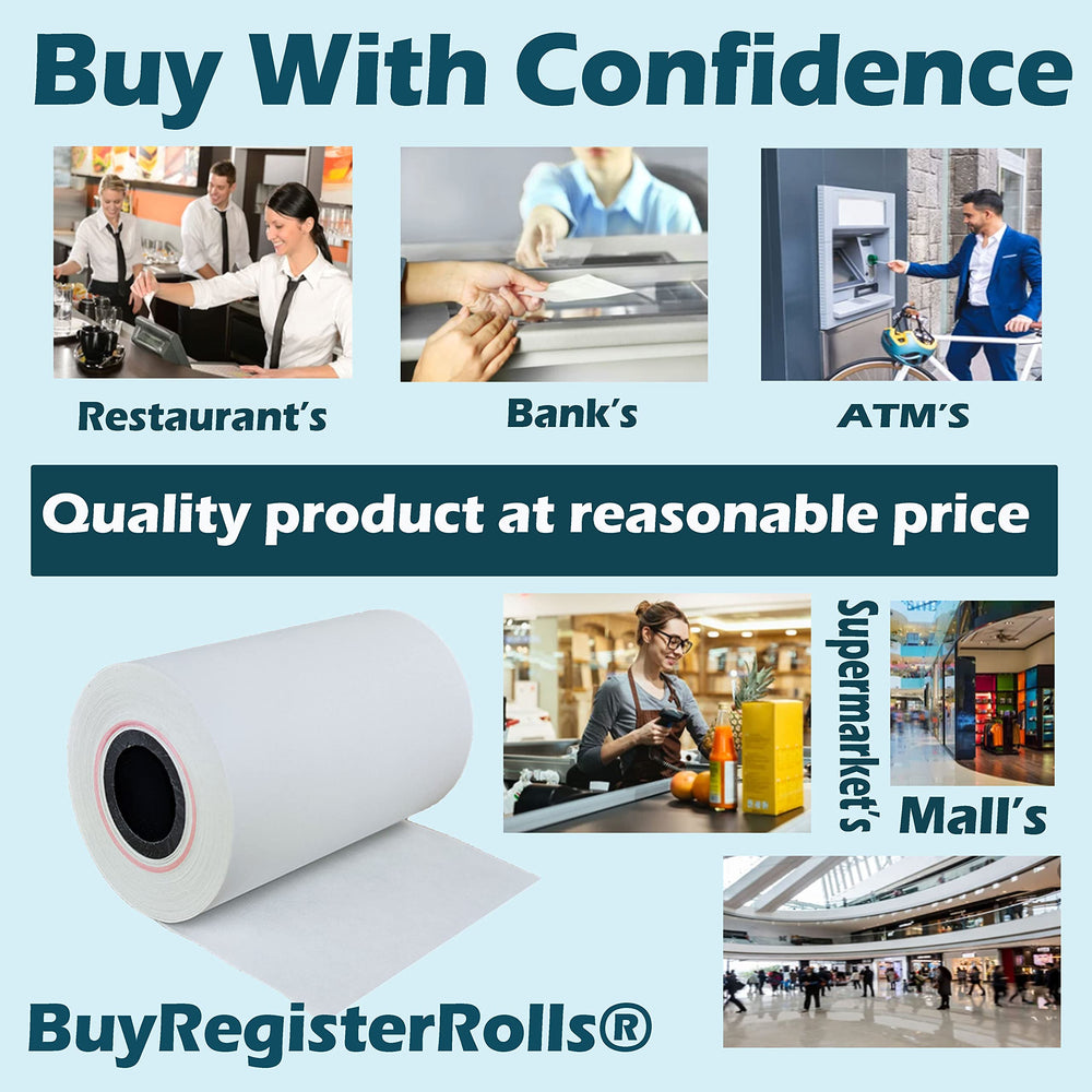 BuyRegisterRolls roll next to a ruler for scale showing 2 1/4 inch width and 50-foot length benefits