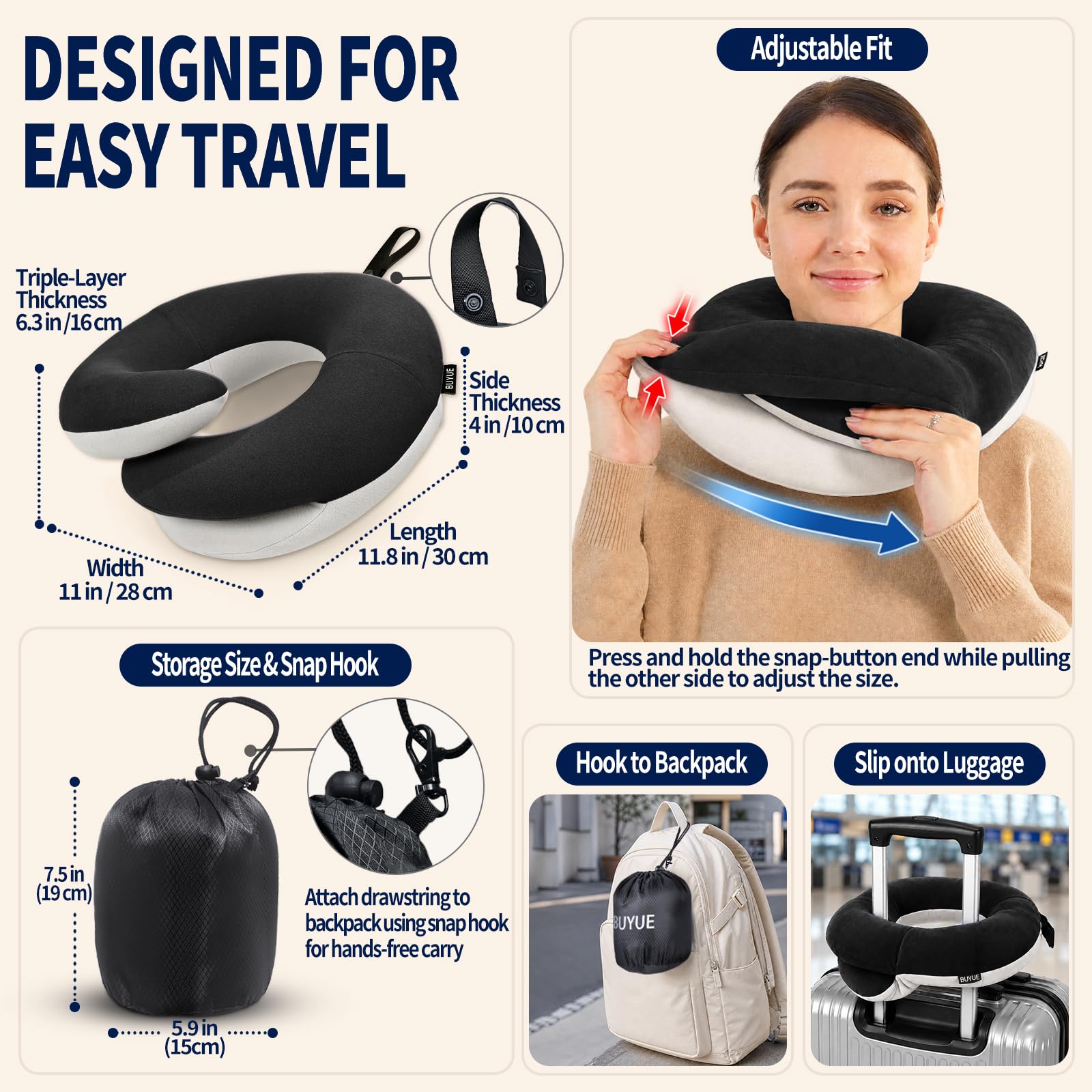 BUYUE pillow beside water bottle showing compact travel scale