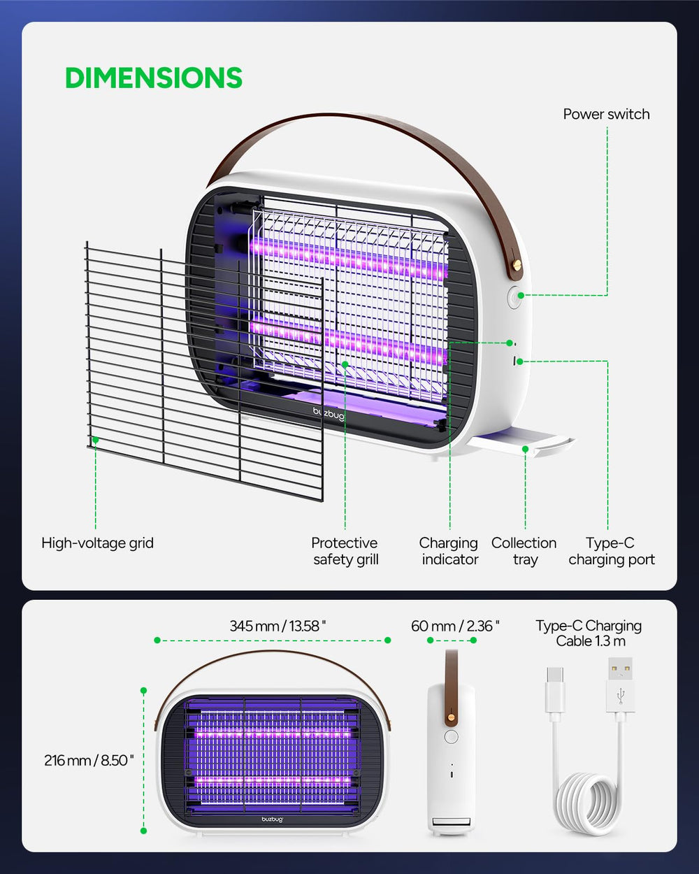 Buzbug charging cable and battery indicator depicting 5200mAh rechargeable runtime advantage