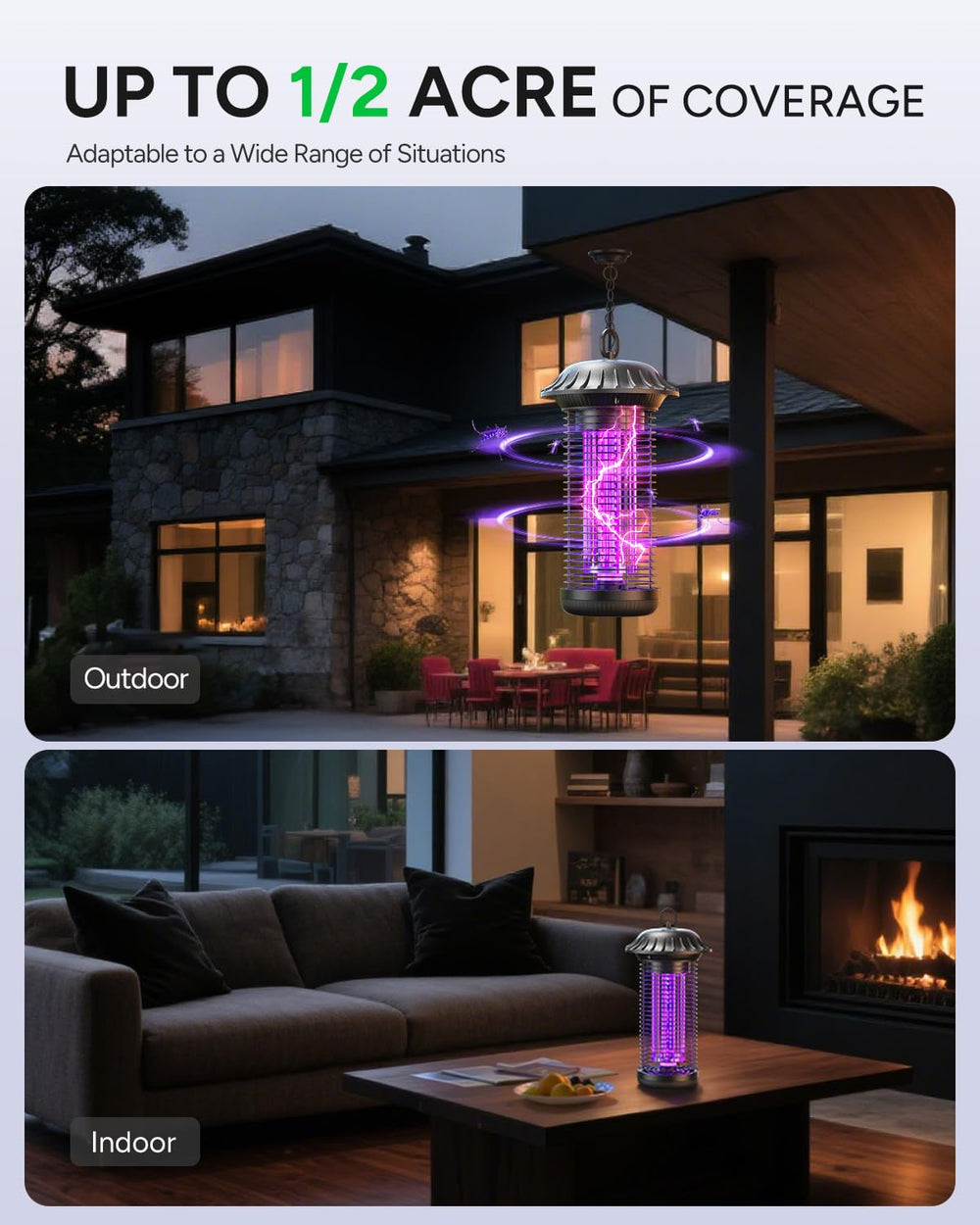 Buzbug in-use on a patio at night providing outdoor insect control