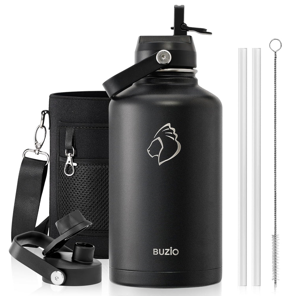 BUZIO front view of 64 oz bottle showing full capacity and durable finish