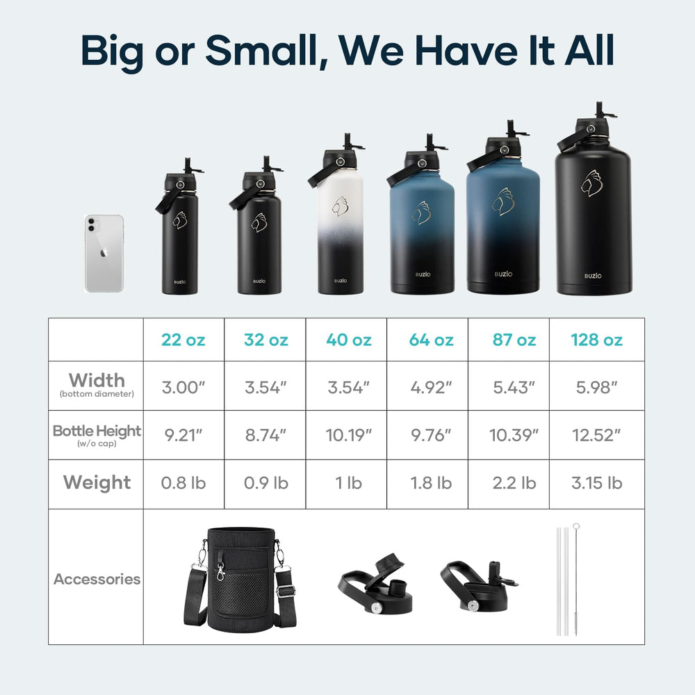 BUZIO bottle next to a backpack giving clear size and portability context