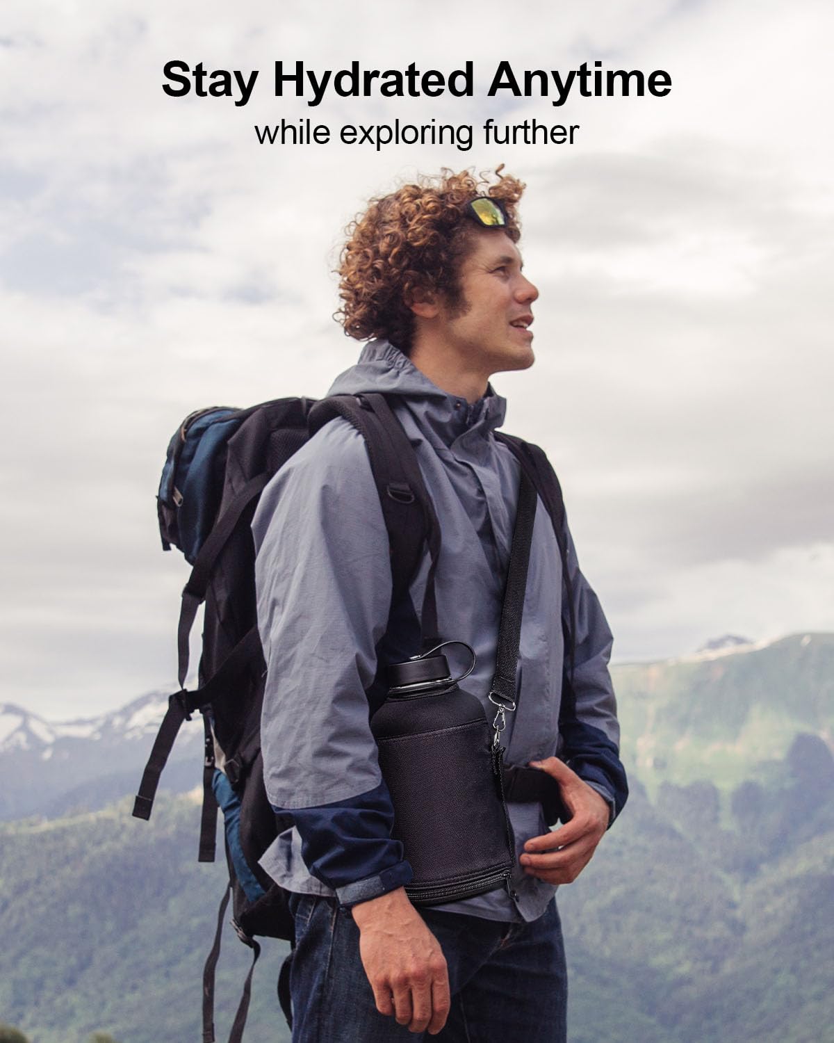 BUZIO spout cap open demonstrating quick-drink convenience on the go