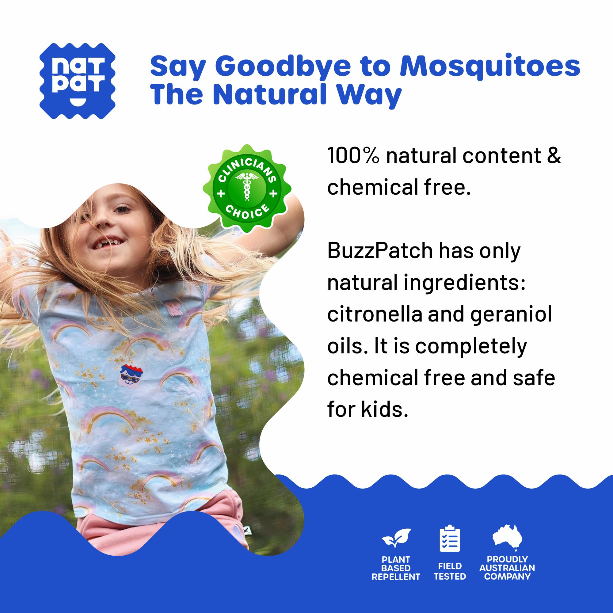 BUZZPATCH sticker close-up textured surface highlighting safe plant-based ingredients