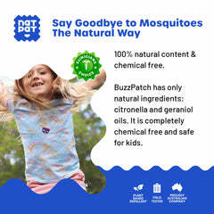 BUZZPATCH sticker close-up textured surface highlighting safe plant-based ingredients