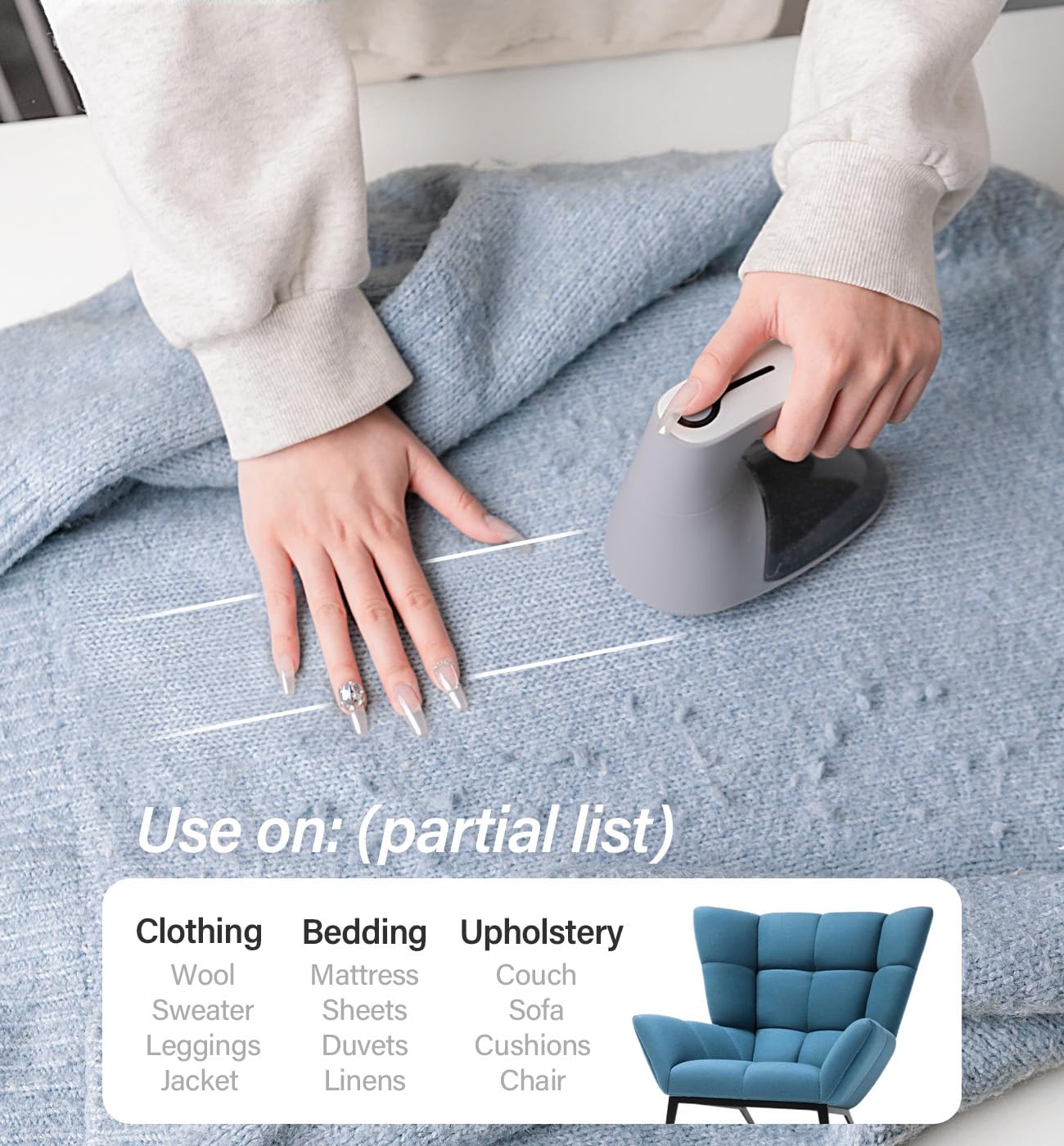Bymore shaver being used on sweater to remove pills and refresh fabric appearance