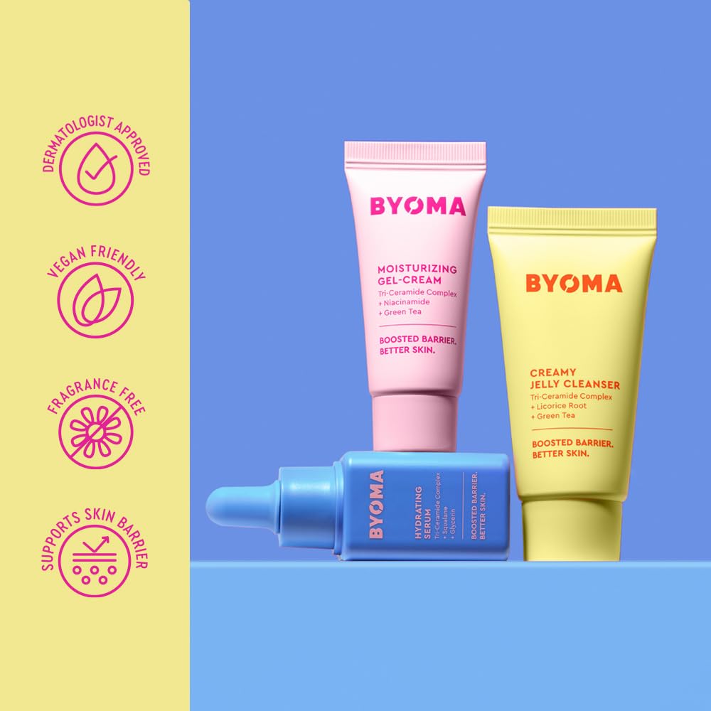 BYOMA mini bottles held in hand to show accurate travel scale and portability