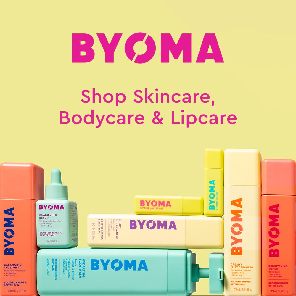 BYOMA daily routine flatlay with cleanser serum moisturizer showing simple three-step use