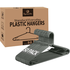 Byomostor front view of 50 grey hangers showing tidy closet benefit