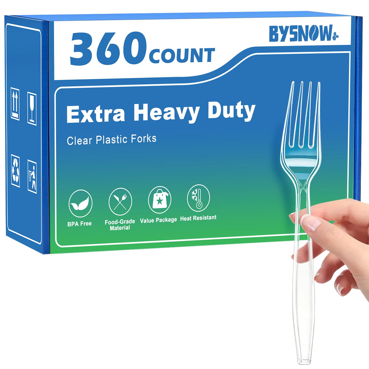 BYSNOW clear forks front packaging showing bulk value and convenience