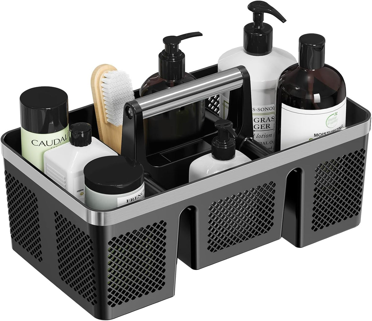 BYUNER front view of shower caddy showing neat organization and portability