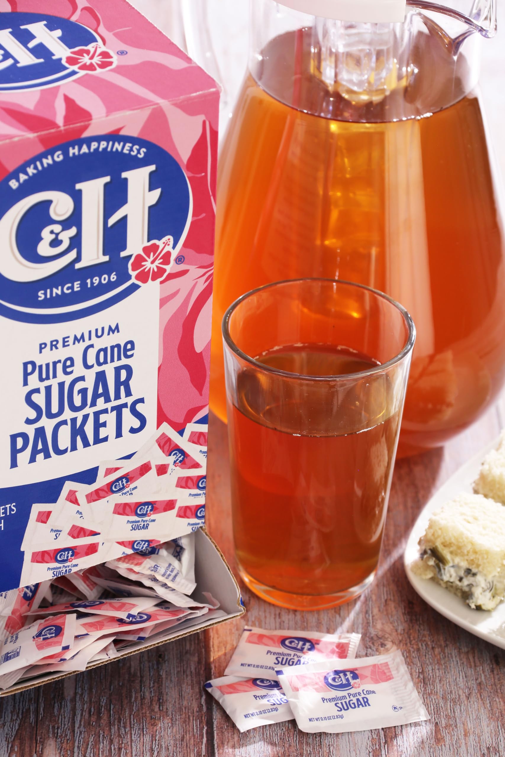 C&H opened packet revealing pure cane sugar granules for easy dissolving