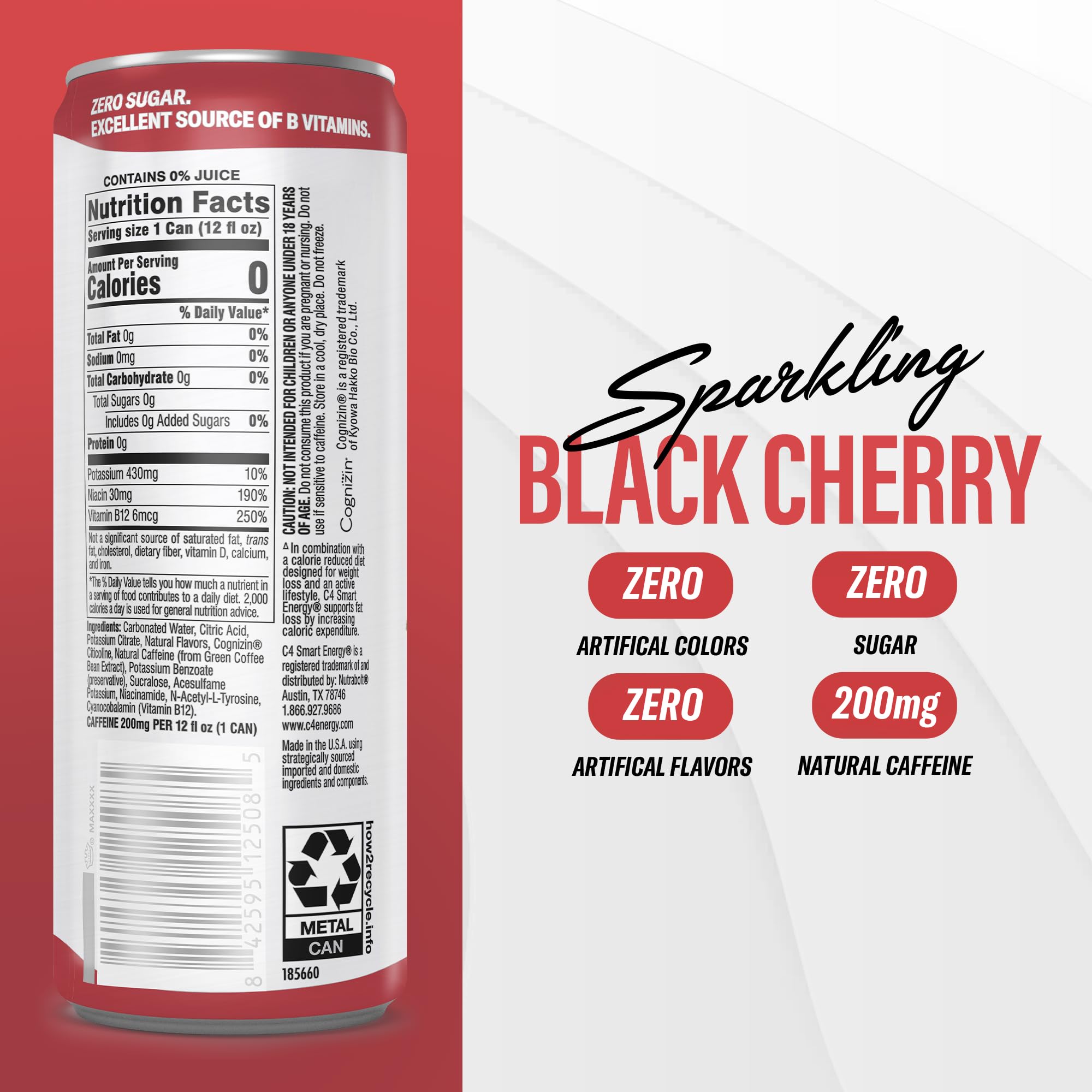 C4 Black Cherry can close-up highlighting label and ingredient details for trust