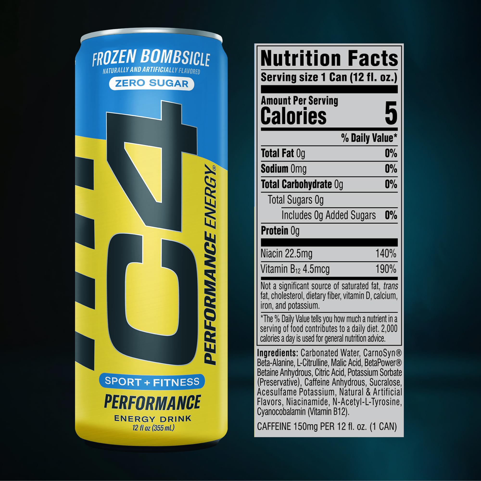 Close-up of C4 can label highlighting brand and clear ingredient benefits