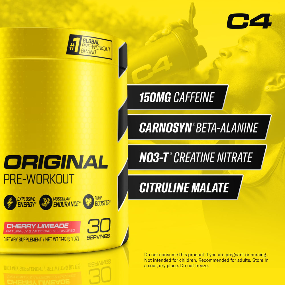 Open tub of C4 powder showing texture and scoop for easy mixing benefit