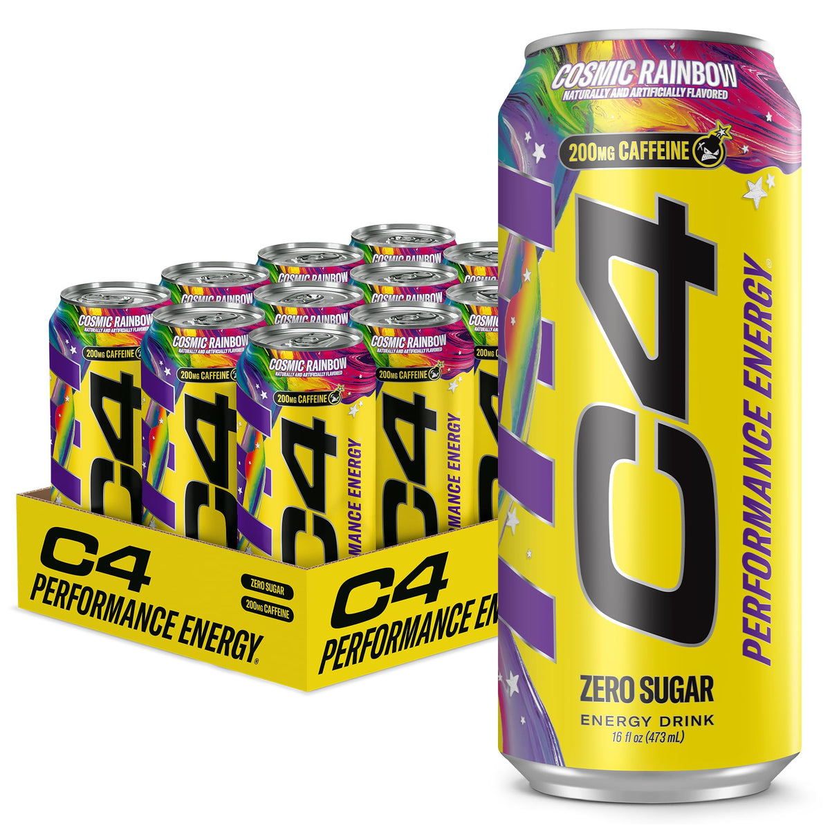 C4 can front Cosmic Rainbow showing bold logo and energizing look